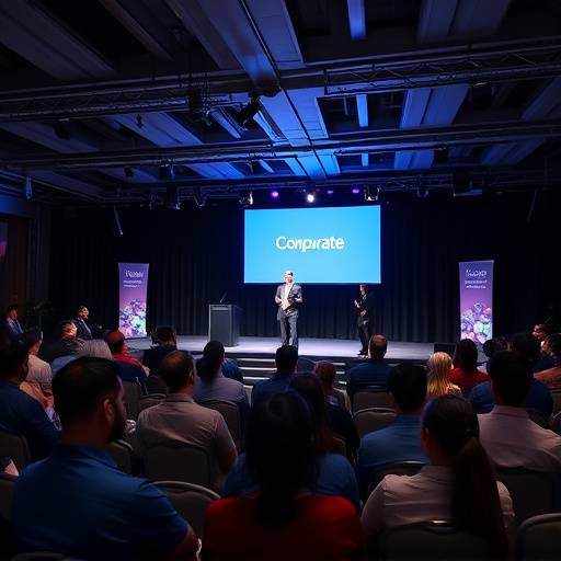 Fotografia de um evento corporativo em Belo Horizonte, mostrando um palestrante no palco e a plateia atenta.