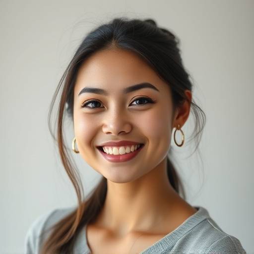 Retrato profissional de uma jovem sorrindo em um ambiente de estüdio com iluminaäão suave.